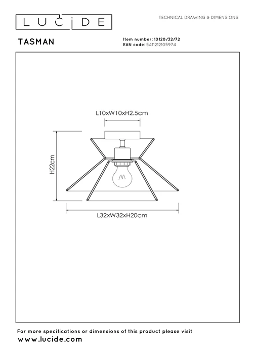Lucide TASMAN - Plafonnière - Ø 32 cm - 1xE27 - Naturel - technisch